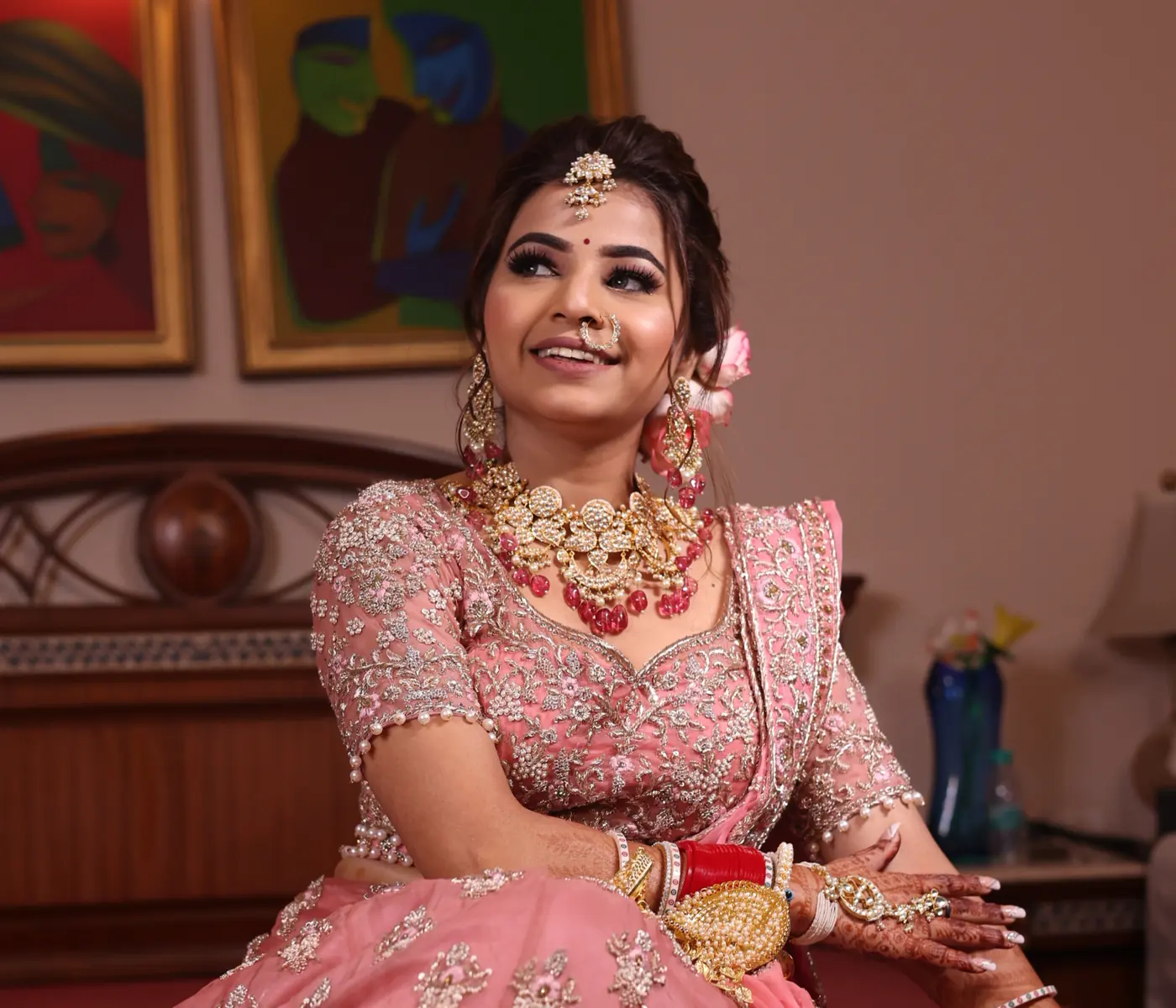 Blush Pink Lehenga, Kundan Necklace. Bridal makeup by Madhu Gupta at MG Makeovers, Gurugram
